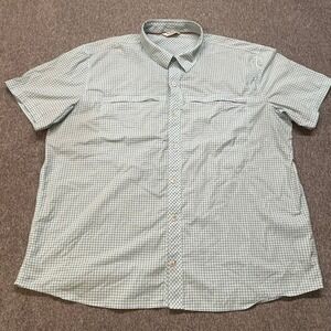 Simms Fishing Shirt Mens 2XL Blue White Grid Check Short Sleeve Nylon Spandex